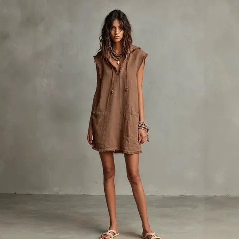 Robe Mini Sans Manches à Capuche Décontractée pour Femme Col V Bord Brut Couleur Unie Slim Fit Robe d'Été