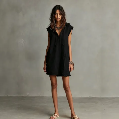 Robe Mini Sans Manches à Capuche Décontractée pour Femme Col V Bord Brut Couleur Unie Slim Fit Robe d'Été