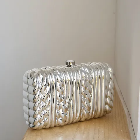 Minimalist Metallic Hard Box Clutch Bag For Women Twisted Texture Evening Party Designer Handbag Fashion Dinner Purse