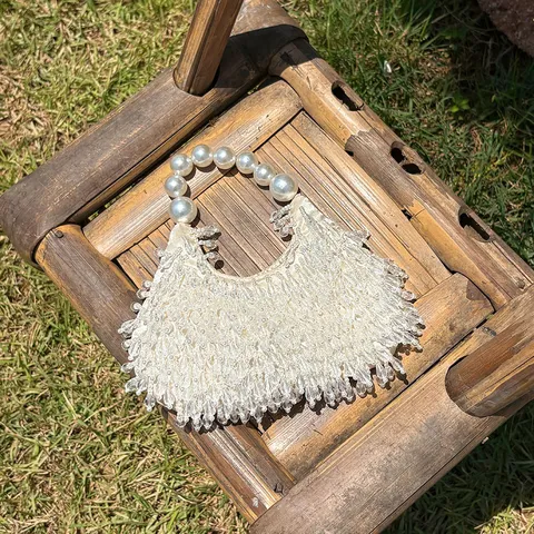 Französisch Sanft Offweiß Schwer Perlenbesetzt Quaste Abendtasche Perle Griff Elegante Party Handtasche Hochzeit Clutch Handtasche