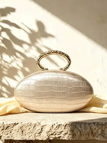 French Luxury Oval Clutch Bag PU Crocodile Pattern Metal Ring Handle Evening Banquet Purse Minimalist Handbag For Women