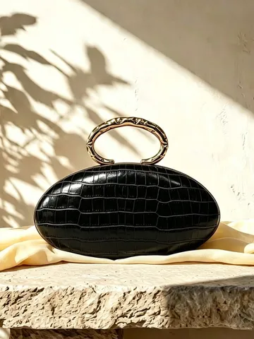 French Luxury Oval Clutch Bag PU Crocodile Pattern Metal Ring Handle Evening Banquet Purse Minimalist Handbag For Women