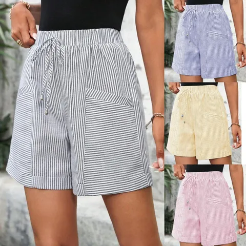 Shorts Casuales A Rayas con Cordón y Cintura Elástica para Mujer Bolsillos Verano