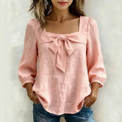 Blouse Décontractée à Col Carré et Manches Longues pour Femmes Nœud Couleur Unie Coupe Ample Printemps Été Mode Chemise