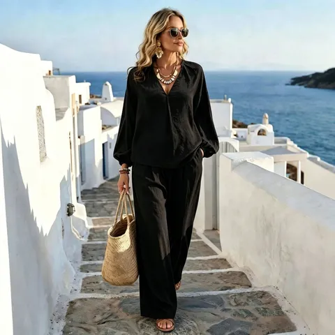 Femmes Décontracté Chemise à Manches Longues et Pantalon Long Ample Haut et Bas Ensemble Élégant Couleur Unie Tenue de Vacances Vêtement