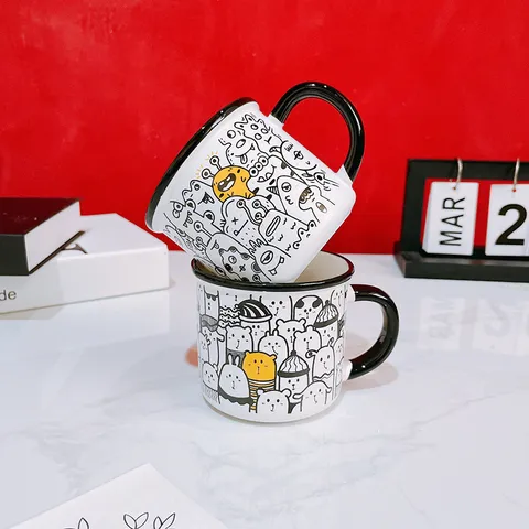 Creative Ceramic Coffee Mug Cute Cartoon Doodle Smiley Face Bear Cat Milk Cup Breakfast Mug Office Drinkware Gift