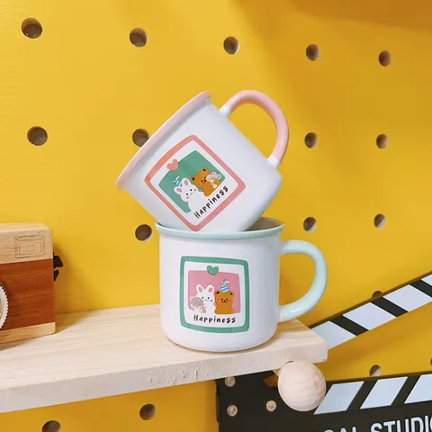 Ins Cute Cartoon Couple Ceramic Mug Bear And Rabbit Coffee Milk Breakfast Cup Creative Home Kitchen Drinkware Gift