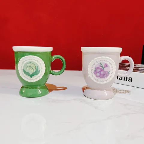 Retro High Foot Ceramic Mug European Style Embossed Lace Floral Coffee Cup Lily Of The Valley Mug For Women Home