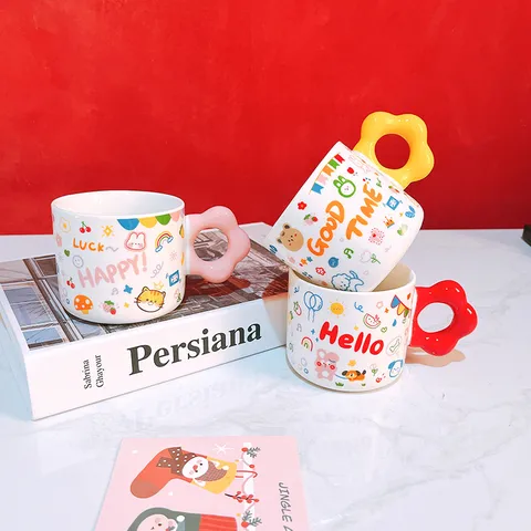 Tasse en Céramique Mignonne de Cartoon Avec Poignée de Fleur Tasse à Café Créative Style Ins Vaisselle Cadeau d'Anniversaire Pour Enfants Femmes