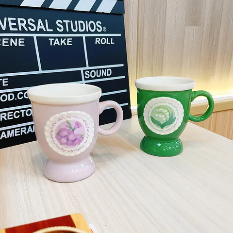 Vintage High Foot Ceramic Mug With Relief Lace Floral Pattern Retro Green Purple Coffee Cup For Home Office Gift