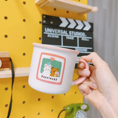 Ins Cute Cartoon Couple Ceramic Mug Bear And Rabbit Coffee Milk Breakfast Cup Creative Home Kitchen Drinkware Gift