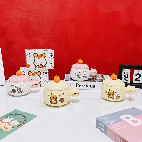 Cute Cartoon Ceramic Mug With Lid And Spoon Creative Animal Bear Rabbit Water Cup Coffee Milk Cup Home Office Gift
