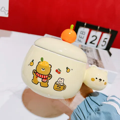 Cute Cartoon Ceramic Mug With Lid And Spoon Creative Animal Bear Rabbit Water Cup Coffee Milk Cup Home Office Gift