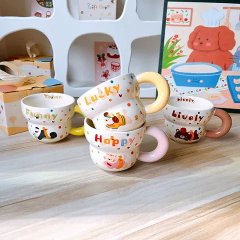 Cute Cartoon Ceramic Coffee Mug Animal Print Milk Cup With Handle Household Breakfast Water Cup For Couple Gift