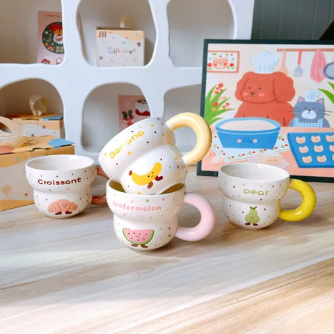 Cute Cartoon Ceramic Coffee Mug Fat Handle Creative Banana Pear Croissant Watermelon Print Breakfast Milk Cup Gift