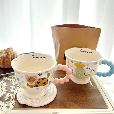 Cute Cartoon Ceramic Mug With High Foot And Bubble Handle Polka Dot Animal Coffee Milk Cup Couple Drinkware Gift