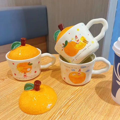 Taza de Cerámica Naranja Linda Con Tapa Novedad Taza de Café de Fruta Estilo Ins Taza de Agua Vajilla Diaria Regalo de Cumpleaños