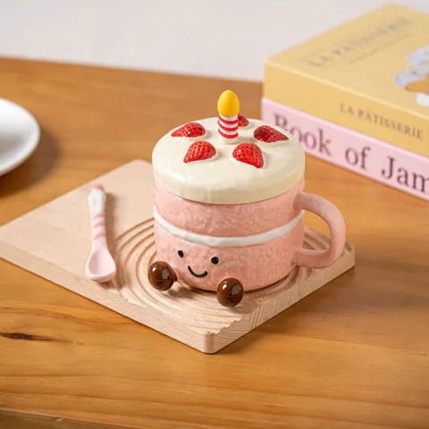 Cute Dessert Cake Ceramic Mug With Lid And Spoon Creative Cartoon Milk Coffee Breakfast Cup Birthday Gift Drinkware