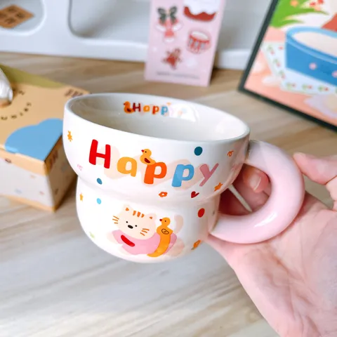 Cute Cartoon Ceramic Coffee Mug Animal Print Milk Cup With Handle Household Breakfast Water Cup For Couple Gift