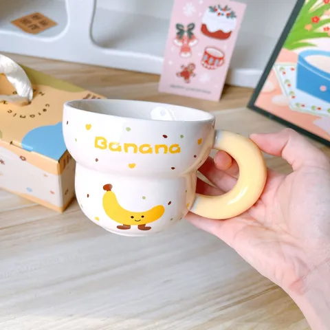 Cute Cartoon Ceramic Coffee Mug Fat Handle Creative Banana Pear Croissant Watermelon Print Breakfast Milk Cup Gift