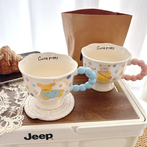 Cute Cartoon Ceramic Mug With High Foot And Bubble Handle Polka Dot Animal Coffee Milk Cup Couple Drinkware Gift