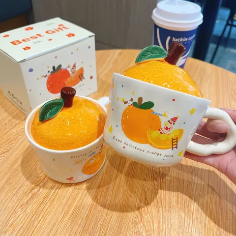 Taza de Cerámica Naranja Linda Con Tapa Novedad Taza de Café de Fruta Estilo Ins Taza de Agua Vajilla Diaria Regalo de Cumpleaños