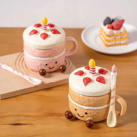 Cute Dessert Cake Ceramic Mug With Lid And Spoon Creative Cartoon Milk Coffee Breakfast Cup Birthday Gift Drinkware