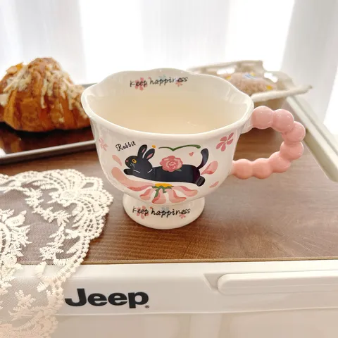 Ins Style Ceramic Mug High Footed Cute Cartoon Rabbit Design With Bubble Handle Coffee Milk Water Cup For Home Daily Use