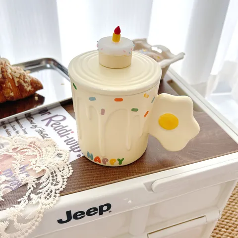 Cute Fried Egg Ceramic Mug with Lid and Spoon 420ml Cartoon Coffee Cup Heat-Resistant Drinkware Gift for Women Girls