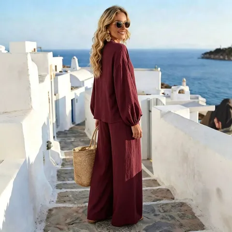 Femmes Décontracté Chemise à Manches Longues et Pantalon Long Ample Haut et Bas Ensemble Élégant Couleur Unie Tenue de Vacances Vêtement
