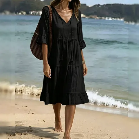 Women's Casual Regenerated Cellulose Fiber Dress V-Neck Tassel Tiered Ruffle Vacation Midi Sundress Beach Resort Wear Plain A-Line Dress