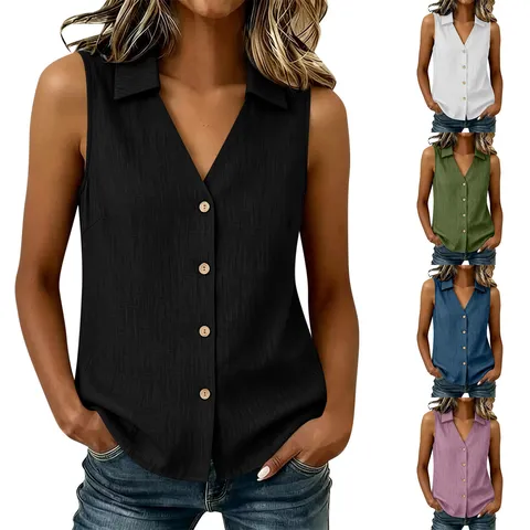Femmes Décontracté Col V Revers Simple Boutonné Sans Manches Polyester Débardeur Coupe Cintrée Couleur Unie Chemise Gilet
