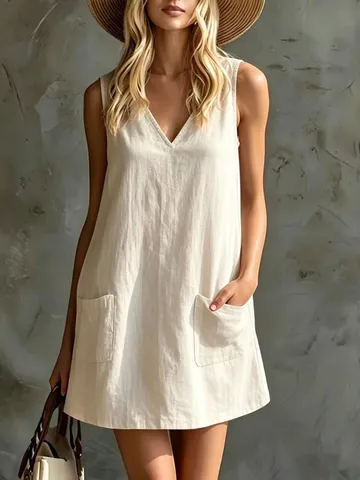 Robe Décontractée pour Femme Col V Sans Manches avec Poches Été Couleur Unie Robe Droite Ample Mode Vêtements Quotidiens