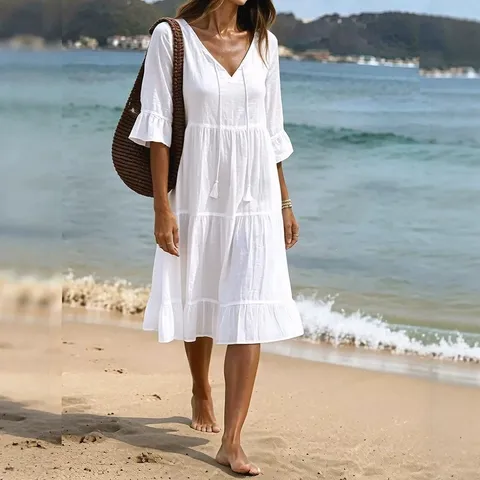 Women's Casual Regenerated Cellulose Fiber Dress V-Neck Tassel Tiered Ruffle Vacation Midi Sundress Beach Resort Wear Plain A-Line Dress