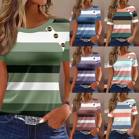 T-Shirt Rayé Décontracté à Manches Courtes pour Femmes Col Rond Basique Bouton Décoré Top Régulier
