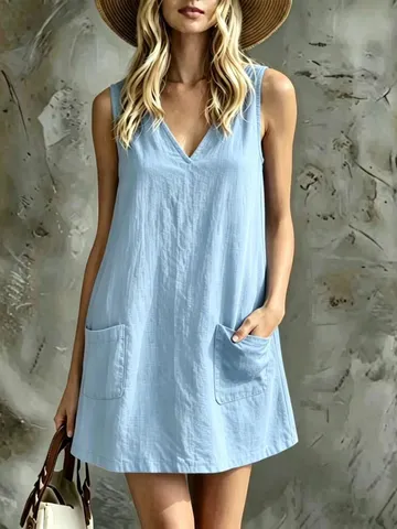 Robe Décontractée pour Femme Col V Sans Manches avec Poches Été Couleur Unie Robe Droite Ample Mode Vêtements Quotidiens