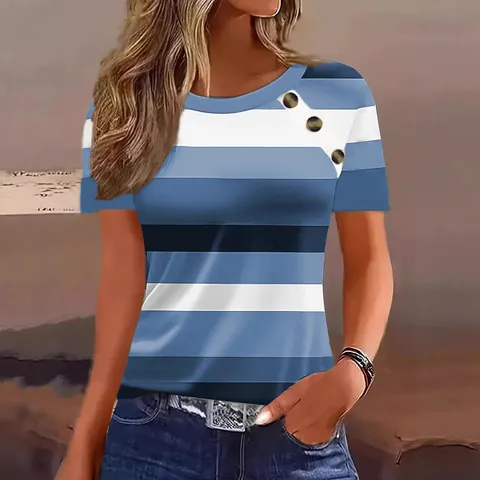 T-Shirt Rayé Décontracté à Manches Courtes pour Femmes Col Rond Basique Bouton Décoré Top Régulier