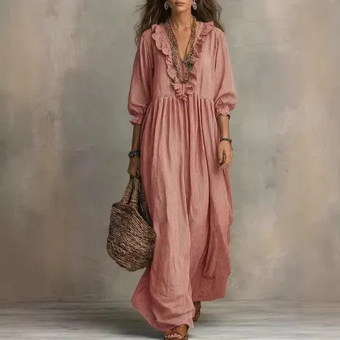 Robe Maxi pour Femmes Rayée Col en V avec Volants Taille Haute Coupe Décontractée Mélange Coton Polyester Manches Longues