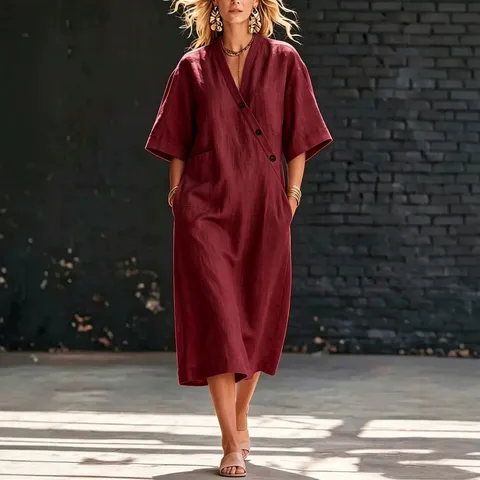 Robe Longue pour Femme Col en V Manches Courtes Boutonnée Avec Poches Style Bohémien Décontracté en Polyester Coupe Slim