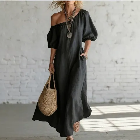Robe Longue à Épaules Dénudées et Manches Bouffantes Pour Femmes Élégante Couleur Unie Coton Ourlet Évasé Vacances Robes Longues Décontractées