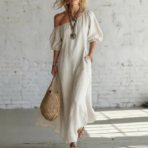 Robe Longue à Épaules Dénudées et Manches Bouffantes Pour Femmes Élégante Couleur Unie Coton Ourlet Évasé Vacances Robes Longues Décontractées