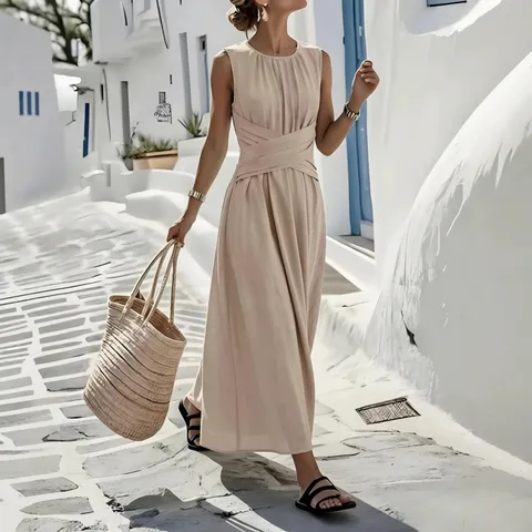 Elegant Women's Sleeveless Round Neck Maxi Dress Summer Plain Waist Tie Long Dress For Vacation Casual Solid Color Polyester Spandex A-Line Gown