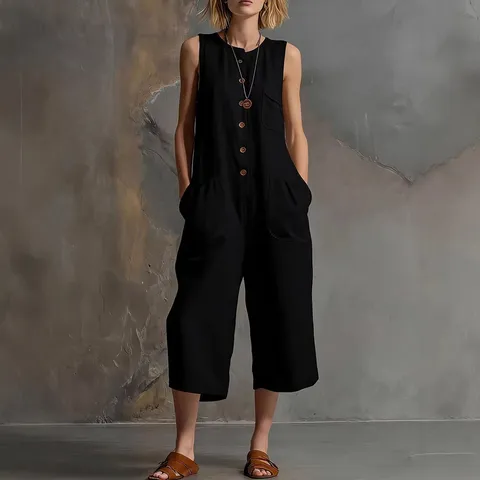 Combinaison Décontractée Sans Manches à Jambes Larges pour Femmes Rétro Couleur Unie Polyester Barboteuse Avec Boutons Poches Été