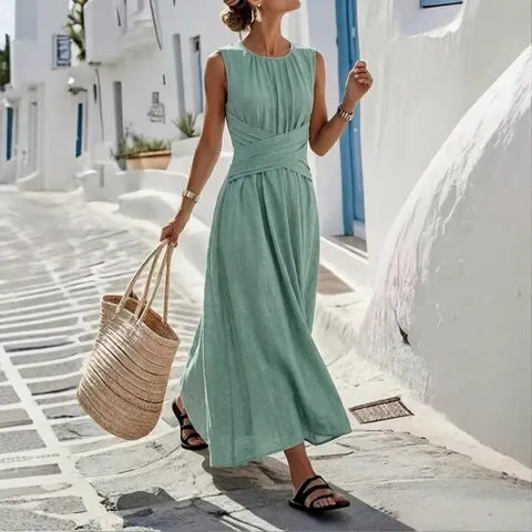 Elegant Women's Sleeveless Round Neck Maxi Dress Summer Plain Waist Tie Long Dress For Vacation Casual Solid Color Polyester Spandex A-Line Gown