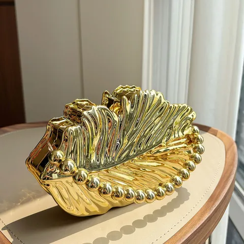 Französische Vintage Acryl Muschel Abendtasche Glänzend Vergoldete Textur Perlen Handtasche Damen Mode Clutches Party Tasche
