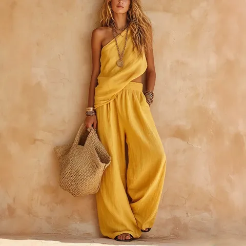Ensembles Décontractés pour Femmes Débardeur à une Épaule et Pantalon Large Couleur Unie Style Urbain Été