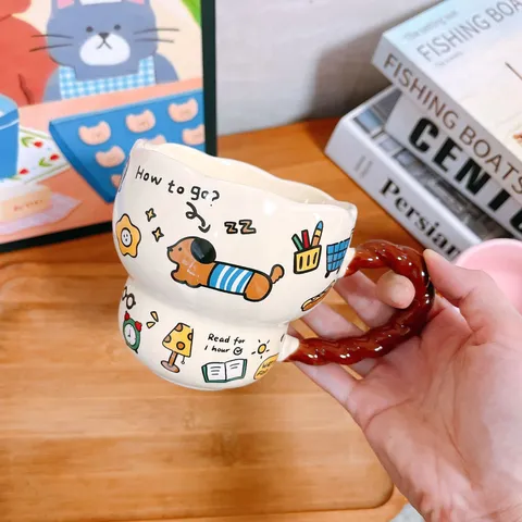Cute Cartoon Dog Cat Graffiti Ceramic Mug With Twisted Handle Aesthetic Coffee Cup For Office Student Home Daily Drinkware