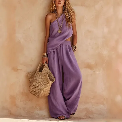 Ensembles Décontractés pour Femmes Débardeur à une Épaule et Pantalon Large Couleur Unie Style Urbain Été