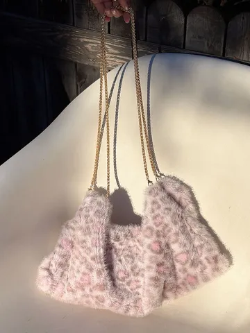Winter Leopardenmuster Plüsch Umhängetasche Große Kapazität Vintage Kette Handtasche Casual Crossbody Tasche Für Damen