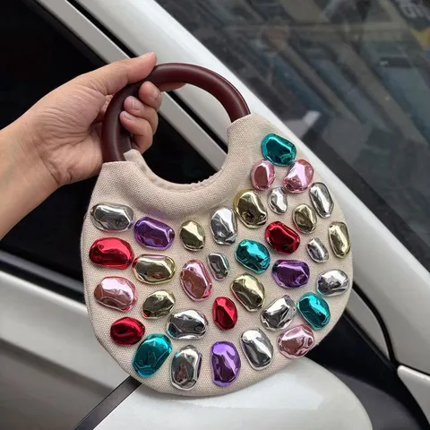 Damen Mode Nieten Handtasche Eimer Tasche Retro Lässig Baumwoll-Leinen Griff Tasche Tägliches Matching Taschen